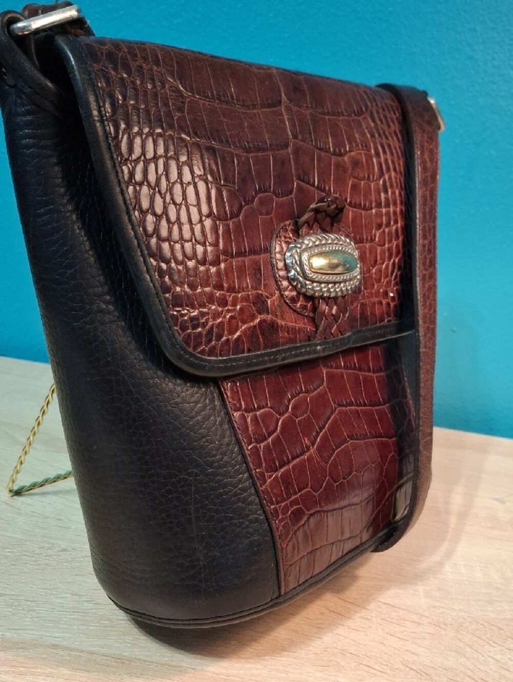 Brighton Magdaleine Brown Croc-Embossed & Black Leather Crossbody Vintage - Picture 2 of 15